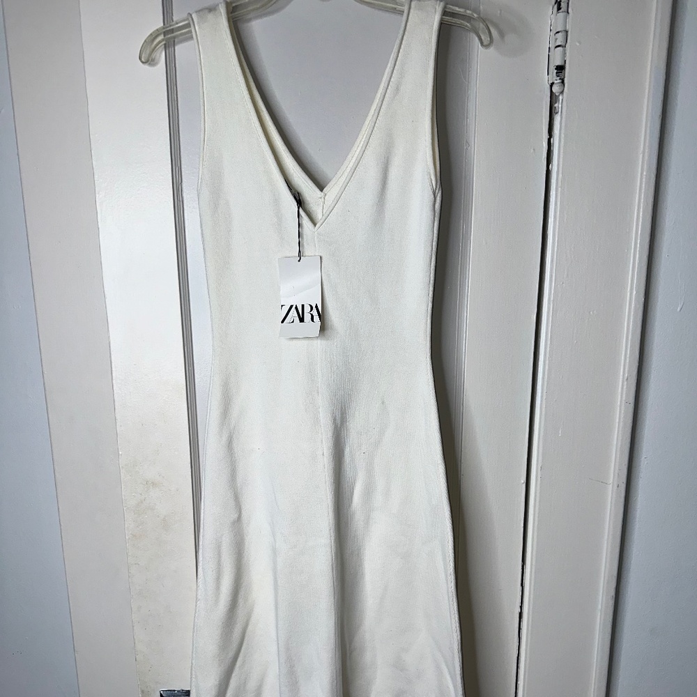 Zara Ivory Cream Knit Rib Midi Dress Size Small NWT